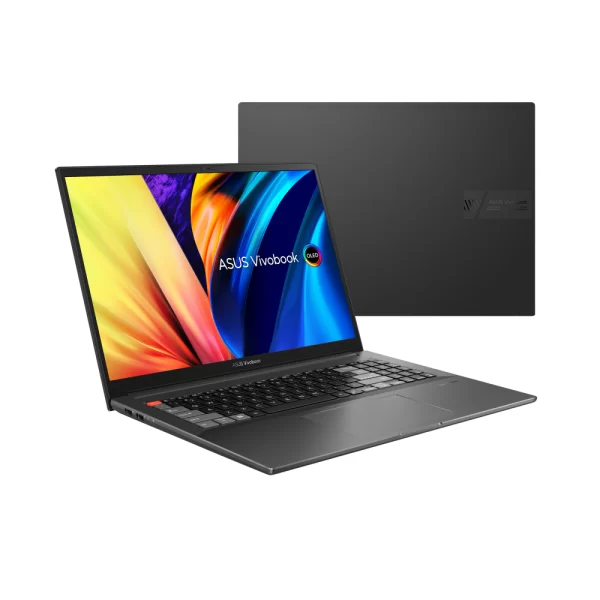 Notebook ASUS Vivobook pro OLED N7600ZE-L2071W nero aperto fronte e chiuso retro